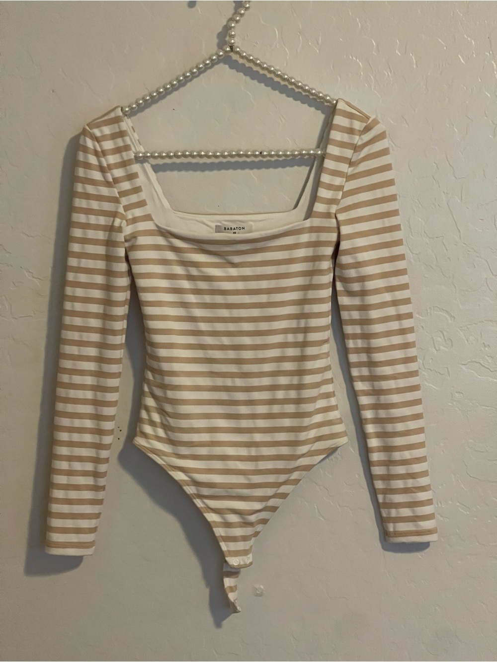 Babaton Beige & White Striped Square-Neck Long Sleeve Bodysuit